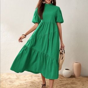 Mock neck puff sleeve ruffle hem dress